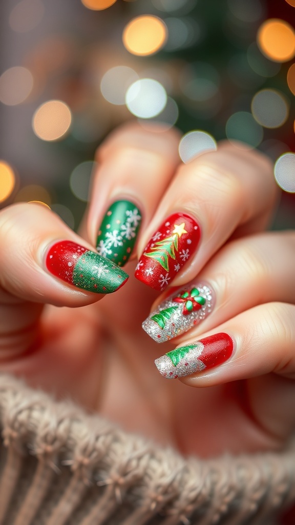 Christmas nail art designs with red, green, snowflakes, and Christmas trees displayed against a festive background.